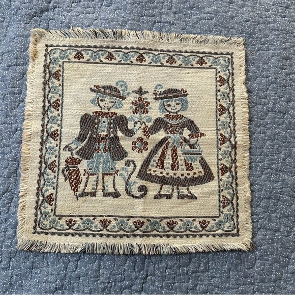 Scandinavian Children Vintage Tapestry w/ Blue & Cream Linen & Cotton Blend 13” - Picture 2 of 8